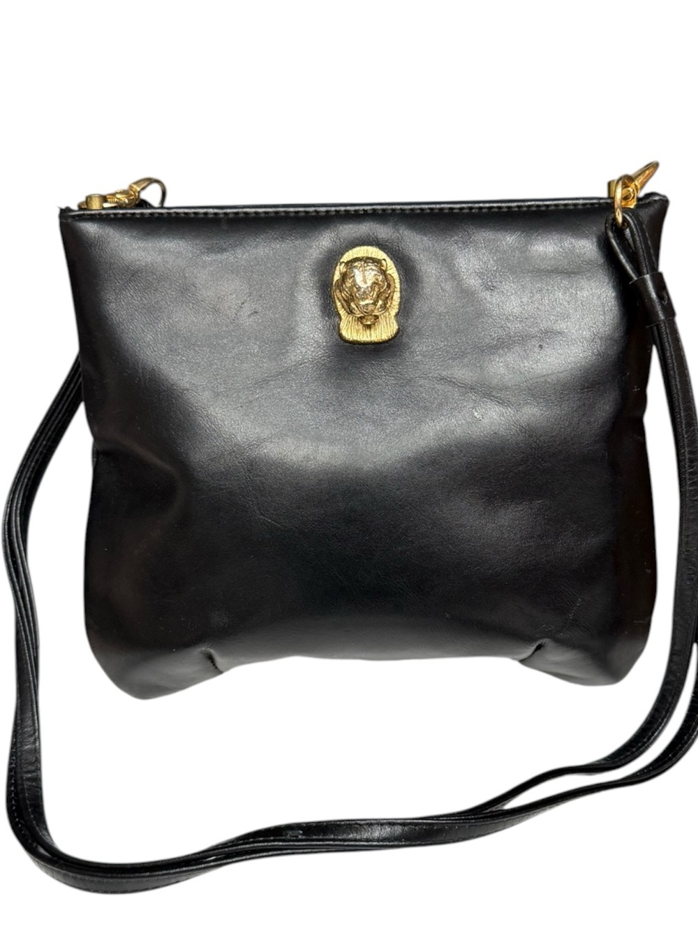 Vintage Ruth Saltz Black Leather Cougar Head Frame Crossbody Bag Gold Hardware